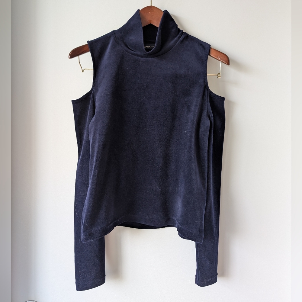 Zara Navy Cold Shoulder Mock Neck Top Medium